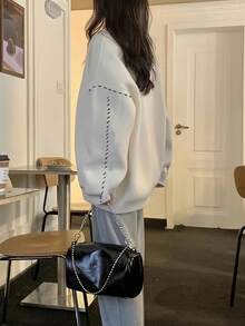 女士休闲前扣开衫，宽松版型，适合秋冬季 - 杏色 - 查看 7