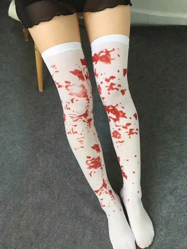 Halloween Cosplay Horror Atmosphere Decor Thigh High Socks, Makeup Party Costume Accessories Nurse Bloody Stockings, Zombie Bleeding Socks