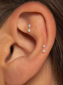 1 pièce Boucles d'oreilles à tige en argent sterling 925 en forme d'étoile, pour piercing du cartilage et de l'hélix. Bijoux pour femmes à porter au quotidien, pour un mariage, une fête, des fiançailles, un anniversaire ou la Saint-Valentin. - Multicolore - Voir 2