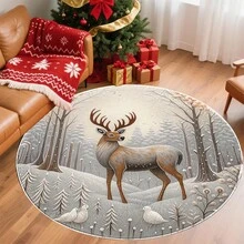 1 covor din flanel cu tematică de Crăciun - o căprioară stând într-o pădure înzăpezită cu copaci și doi porumbei albi, covor lavabil potrivit pentru dormitor, sufragerie, balcon, casă, hotel, birou și decorațiuni festive