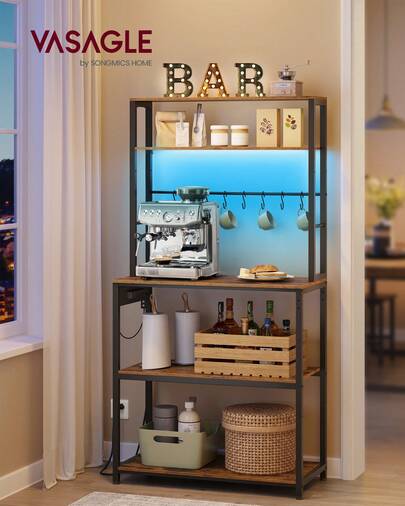 VASAGLE Coffee Bar With LED Lights, Kitchen Bakers Rack With Power Outlet, Microwave Stand With Adjustable Shelves, 8 Hooks, 15.7 X 31.5 X 65.7 Inches