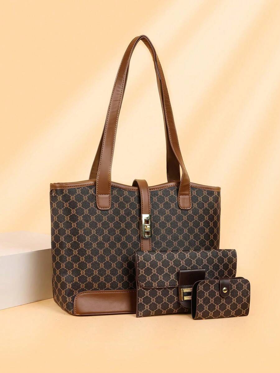 3 pièces Set de sac à main à bandoulière en cuir PU à carreaux avec fermeture éclair, et polyvalent, convient pour un usage quotidien des femmes, grande capacité, élégant sac pour dames d'âge moyen