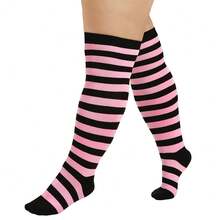Zando Plus Size Thigh High Socks For Thick Thighs Women Striped Thigh High Stockings Over The Knee Socks Leg Warmers{"Size_name":"OneSizePlus","Color_name":"PinkBlack"} - 粉紅黑色 - 查看 3