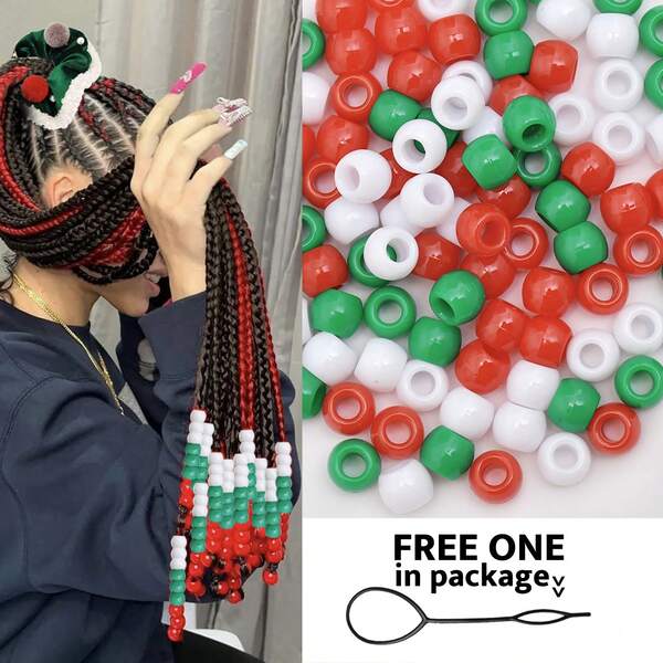 100 pièces Perles pour cheveux Perles de poney pour tresses de cheveux Perles en plastique avec grand trou pour accessoires de perles de Noël africaines de couleur avec aiguille à tirer les cheveux, kit de coiffure