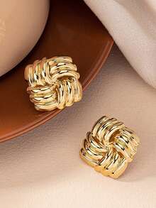 1 对时尚方形扭曲交叉缠绕夹式耳环女士复古几何编织纹理耳钉珠宝礼物 - clip - 查看 4