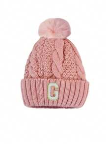 1pc A-Z Letter Kids Winter Twist Knit Hat, Girls Version, With Pom Pom Thick Thermal Lined, Solid Color Girl Warm Ski Cap - Pink - View 9