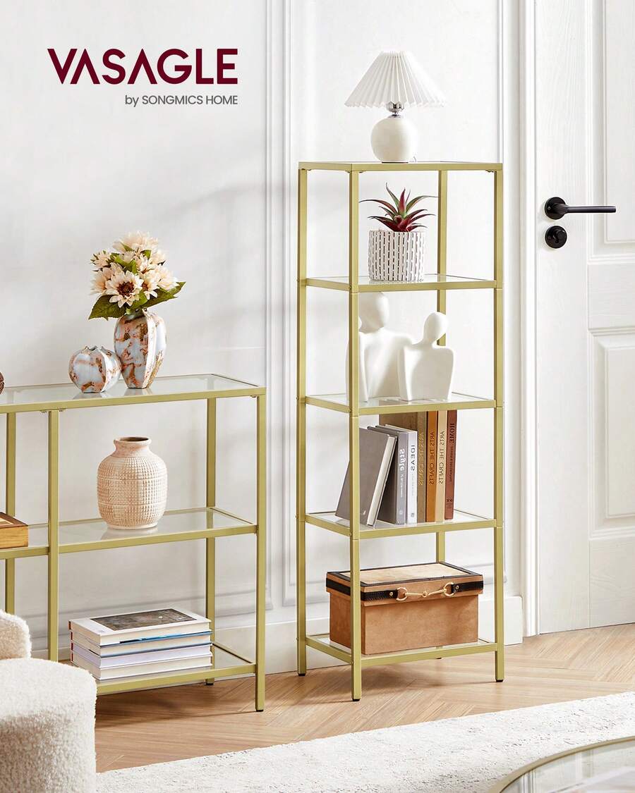 Bookcase, 5-Tier Bookshelf, Slim Shelving Unit For Bedroom, Bathroom, Home Office, Tempered Glass, Steel Frame - Gold - View 1