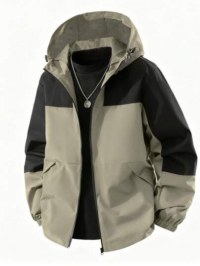 Plus Size Men's Casual Hooded Sports Jacket With Pockets - Lightweight Windbreaker, Regular Fit, Machine Washable, Polyester Fabric With Color Blocking, Fall