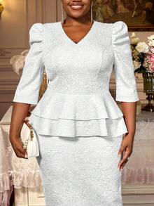 提花派对连衣裙，荷叶边七分袖，V领，优雅高贵，遮掩小肚腩，女士适用，适合约会、派对、婚礼、伴娘、毕业典礼、婚礼宾客等场合，白色连衣裙，新年礼服 - 白色 - 查看 5