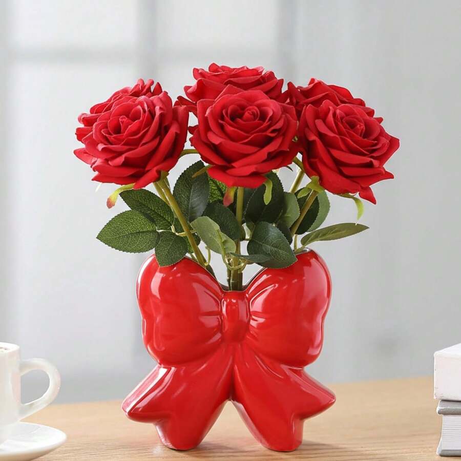 Vase Bow Ceramic Vase Pen Holder Makeup Brush Holder Contemporary Design Decorative Women Gift For Christmas Home Office Shelf Table Living Room(Pink,Classic) - 紅色 - 查看 1