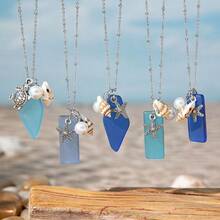 Cross-border seaside vacation wind sea glass necklace ins style design sense starfish shell pearl collarbone chain necklace decoration