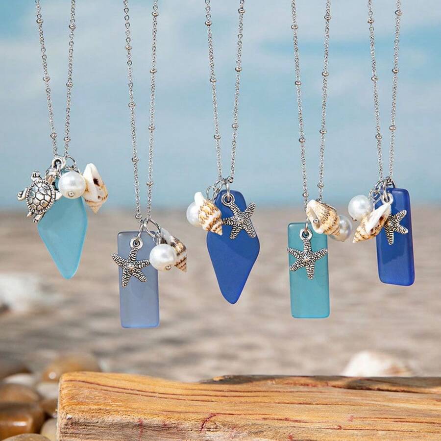 Cross-border seaside vacation wind sea glass necklace ins style design sense starfish shell pearl collarbone chain necklace decoration
