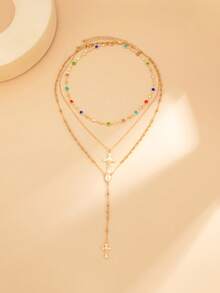 3/5pcs Set Layered Cross, Tassel, Beaded Necklace Jewelry Set, Unique Round Bead & Snake Chain Necklace Accessories, Suitable For Holidays Gift And Daily Matching