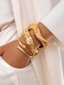 3pcs/Set Minimalist Geometric Asymmetrical Teardrop Shaped Metal Bangle Bracelet Set, Thick Solid Gold-Tone Alloy Material, Suitable For Women