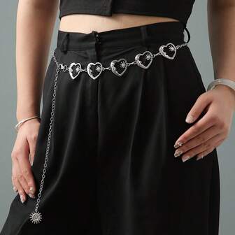 Women's Waist Chain Halloween Costume Accessory - Silver Heart, Star, Sun Pendant Waist Belt, Personalized Punk Style Decor Waist Chain For Gothic Party Outfit