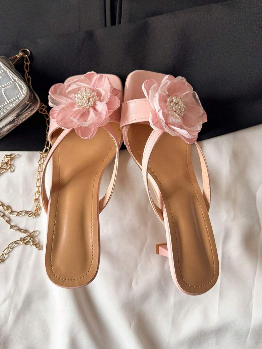 2.0-2025 Sandal cao gót đính hoa ngọc trai kiểu Pháp, dép lê hở mũi đa năng gót trung bình dành cho nữ, hàng mới về mùa hè 2025 - Hồng - Xem 1