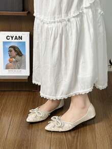 Sparkling Rhinestone Bow Silver Pointed Toe Stiletto High Heel Slip-On Pumps For Women - Beige - View 4