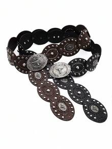 1pc Women's Bohemian Style Embossed PU Leather Belt, Hollow Out Decorative Millennium Embossed Waist Belt, Suitable For Jeans, Skirts - Multicolor - View 1