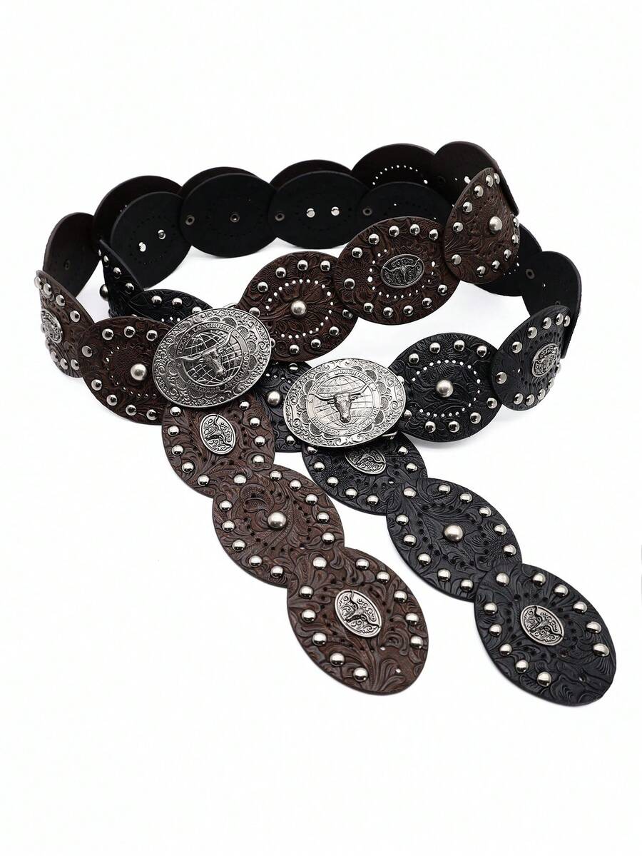 1pc Women's Bohemian Style Embossed PU Leather Belt, Hollow Out Decorative Millennium Embossed Waist Belt, Suitable For Jeans, Skirts - Multicolor - View 1