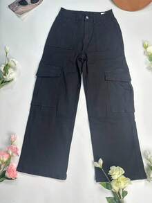 Y2K风格女式纯色直筒宽松休闲工装裤，春夏度假休闲裤，返校季长裤 黑色 - 黑色 - 查看 9