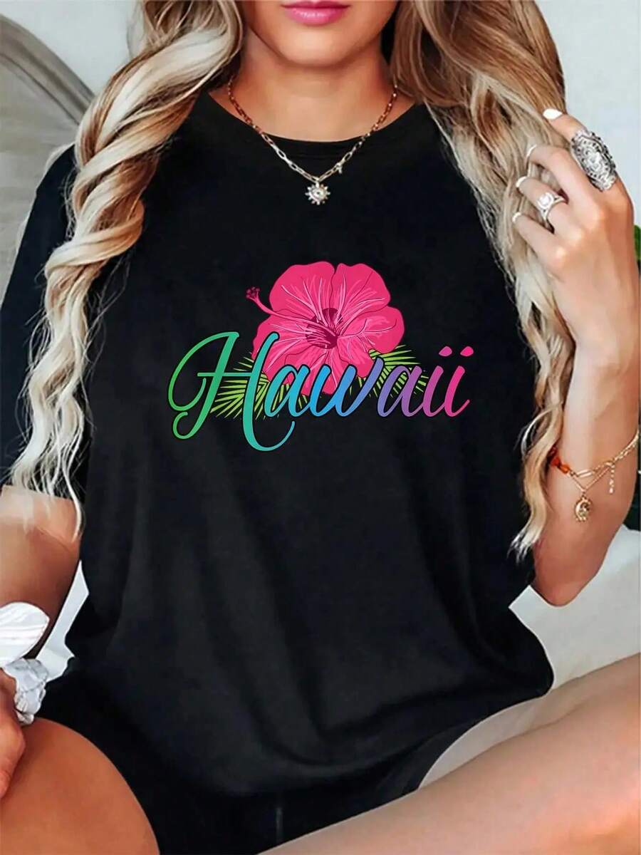 100% Cotton Casual Tshirt Aloha Hawaii From The Island - Feel The Aloha Flower Spirit! T-Shirt Women's Men's Summer Vacation Soft Tee Relaxed Fit Classic Comfort Tops - Black - View 1