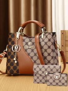 This Year's Popular Mother-Daughter 3 Pieces Set Bag, Classic Large Capacity Women's Casual Handbag, High-End Elegant Women's Jacquard Bag - Brown - View 2