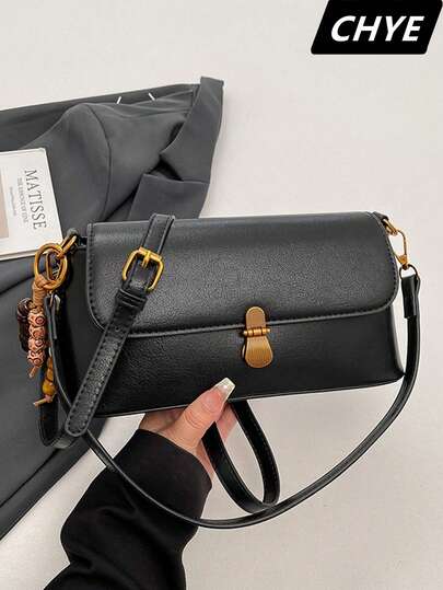 (Excluindo Acessórios De Pingente) 1 Bolsa De Ombro Feminina De Pu, Bolsa Baguete, Com Alça Ajustável, Resistente A Arranhões E Desgaste, Leve, Adequada Para Sair, Ir Ao Trabalho, Fazer Compras, Namorar, Cor Sólida, Moderna E Sofisticada, Elegante E Sofisticada, Para Meninas, Adolescentes, Senhoras