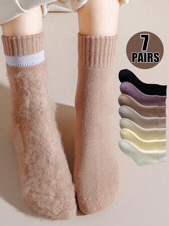 7 Pairs Women's Wool Blend Warm Thick Mid-Calf Socks, Solid Color House/Floor Socks For Winter