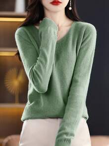 100% 美利奴羊毛女士毛衣 V 领套头衫 一线成衣休闲长袖无缝针织毛衣 - 橄欖綠 - 查看 4