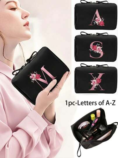 优雅的绿色花卉字母化妆包 - 便携式旅行化妆品收纳盒，带拉链口袋，可放置口红、洗漱用品和配件，带丝带手柄的零钱包，铅笔盒钱包手拿包