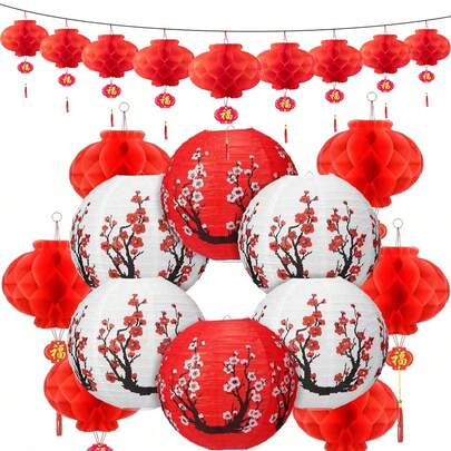 16pcs/Set Plum Blossom Pattern Decorations Paper Lanterns,Cherry Blossom Theme Lanterns For Home Decor,Restaurant,Party, Wedding Decorations