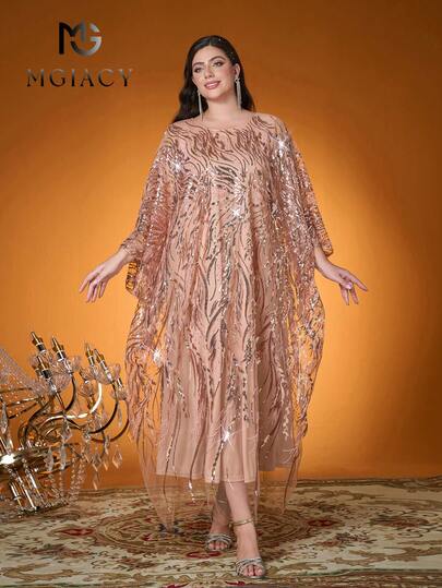 Mgiacy-流行、新品、圆领、亮片、优雅、大码晚礼服、蝙蝠袖、透视、适合、舞会婚礼、派对礼服、婚礼宾客礼服、晚礼服