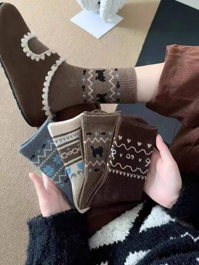 4 pares de calcetines gruesos y cálidos de estilo Fair Isle para otoño/invierno, nuevos calcetines de tripulación para mujeres, surtido aleatorio