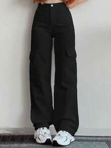 Y2K风格女式纯色直筒宽松休闲工装裤，春夏度假休闲裤，返校季长裤 黑色 - 黑色 - 查看 3