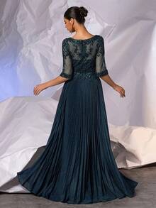 闪亮半袖褶裥正式礼服，适合婚礼宾客；A字长款精致蕾丝晚礼服，饰有亮片手工串珠贴花；优雅新娘母亲礼服；伴娘礼服；女士正式晚礼服；后背拉链 - 藏蓝色 - 查看 2