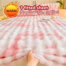 1pc Thick Faux Fur Fitted Sheet, Mattress Protector Cover, Floral Pattern, Plush, Warm, Wrinkle-Resistant, Removable & Washable, Single/Double/Full Size - Ideal For Bedroom & Guest Room - Bubble-rouge Powder - View 2