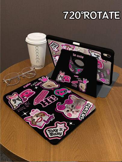 1 Piece, Pink Cool Fun Cat Double-Sided Printing IPad Tablet Protective Case, 3-Fold Rotating Anti Bending Transparent Acrylic Hard Shell, Thickened Silicone Four Corner Anti Drop Design, Missing Marked Hole Position, Supports Automatic Wake-Up/Sleep Function, Compatible With IPad 10/9/Pro 11 2024/IPad 11 2025 Models