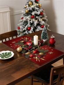 1/4/6/8/12 Stücke, Weihnachten 12.6x16.54 Inch Tischsets für Feiertage, festliches Leinen Tischset, Weihnachtsholunder & rote Kugeln mit goldenem Schleifenaufdruck, rechteckige Tischsets für Innen- & Außenbereich, leicht zu reinigen & aufzubewahren, nur Handwäsche