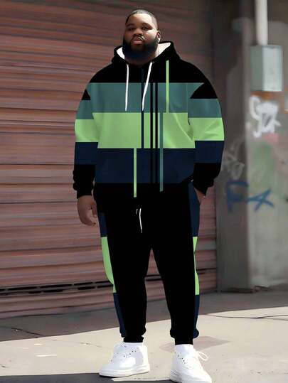 2pcs/Set Plus Size Men Contrast Color Geometric Patchwork Hoodie Set, Street Style Sporty Casual Outfit Spring Sports