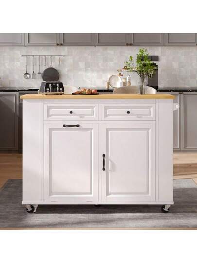 Kücheninsel Mit Rollen, Ausziehbarer Esstisch, Abfallbehälterfach Und tuchhalter, Mobile Servierwagen Steckdosenleisten, Ideal Für Küche Esszimmer (Weiß) view 5