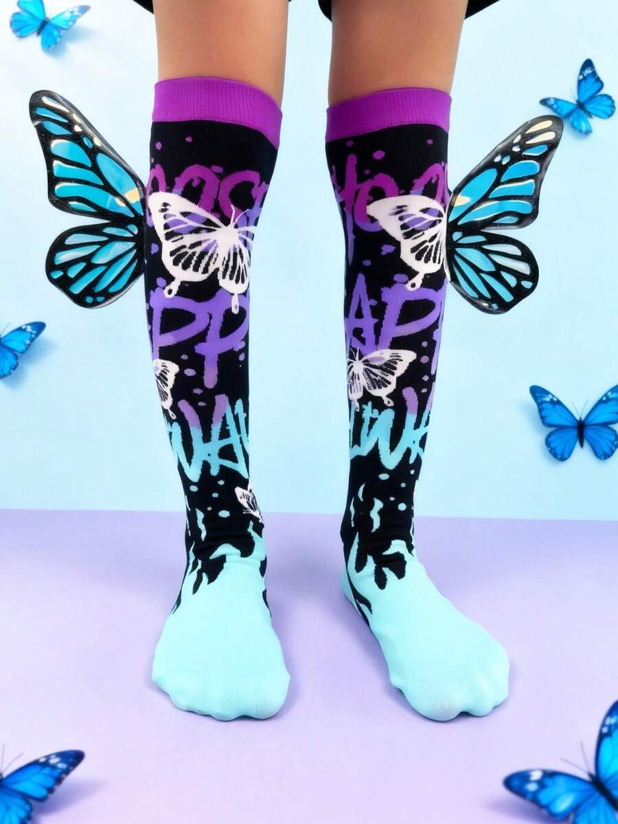 1 Pair Knee-High Socks, Cute Children's Socks, Fun And Unique Design With Adorable 3D Butterfly Wings, Suitable For Autumn/Winter Wear, Great For Holidays, New Year, Outdoor Activities, Cosplay, Daily Wear, Parties And Festive Gifts