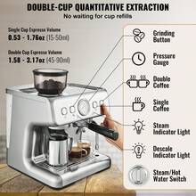 Cafetera espresso con molinillo, cafetera espresso semiautomática de 15 bares con varilla de vapor espumador de leche, tanque de agua extraíble y manómetro para capuchino, latte, machiato, sistema de control PID - Plateado - Ver 5