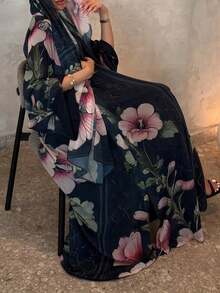 Women's Modest Long Sleeve Kaftan Dress, With Beautiful Floral Print, Flowing Woven Fabric, Maxi Abaya Length, Includes Headscarf - Blue - View 2