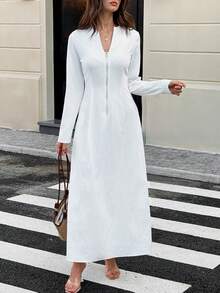 Unadoll Women's Round Neck Half Open Zipper Elegant Dress Dress, Suitable For Dates, Vacations, Music Festivals, Back To School,Christmas