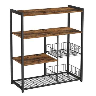 Baker's Rack, Kitchen Island With 2 Metal Mesh Baskets, Shelves And Hooks, 80 X 35 X 95 Cm, Industrial Style, Rustic Brown KKS96X