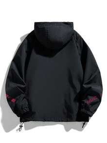 [Lightweight Soft Jacket] Men's Casual Lightweight Soft Hooded Zip-Up Jacket With Drawstring And Pockets, Perfect For Outdoor Activities - black red - View 3