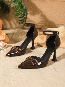Women's Adjustable Strap Pointed Toe 9CM Elegant Stiletto High Heels, Metal Buckle PU Material, Brown Color, Suitable For Daily Commute/Party/Formal Occasions,Elegant - Coffee Brown - View 5