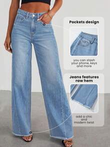 Women's Summer Fashion Wide Leg Jeans High Waist Elastic Loose Frayed Edge Denim Wide Leg Pants With Pockets - Màu xanh nhạt - Xem 2