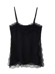 Women Lace Trim Satin High Low Tops Silk Spaghetti Strap Side Split Asymmetrical Cami Top Flowy Silky Layering Tops - Black - View 10