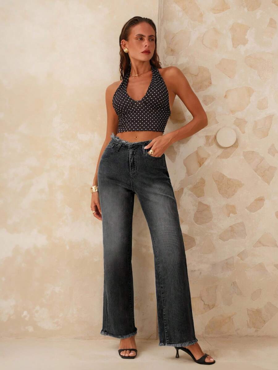 Women's Wide Leg Jeans Baggy Jeans Mid Rise Straight Leg Stretch Raw Hem Denim Pants Fall Outfits - 黑色 - 查看 1
